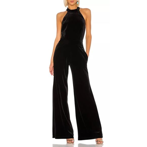 MISA Xander Black Satin Halter Sleeveless Wide Leg One Piece Jumpsuit Size XL - Picture 1 of 15
